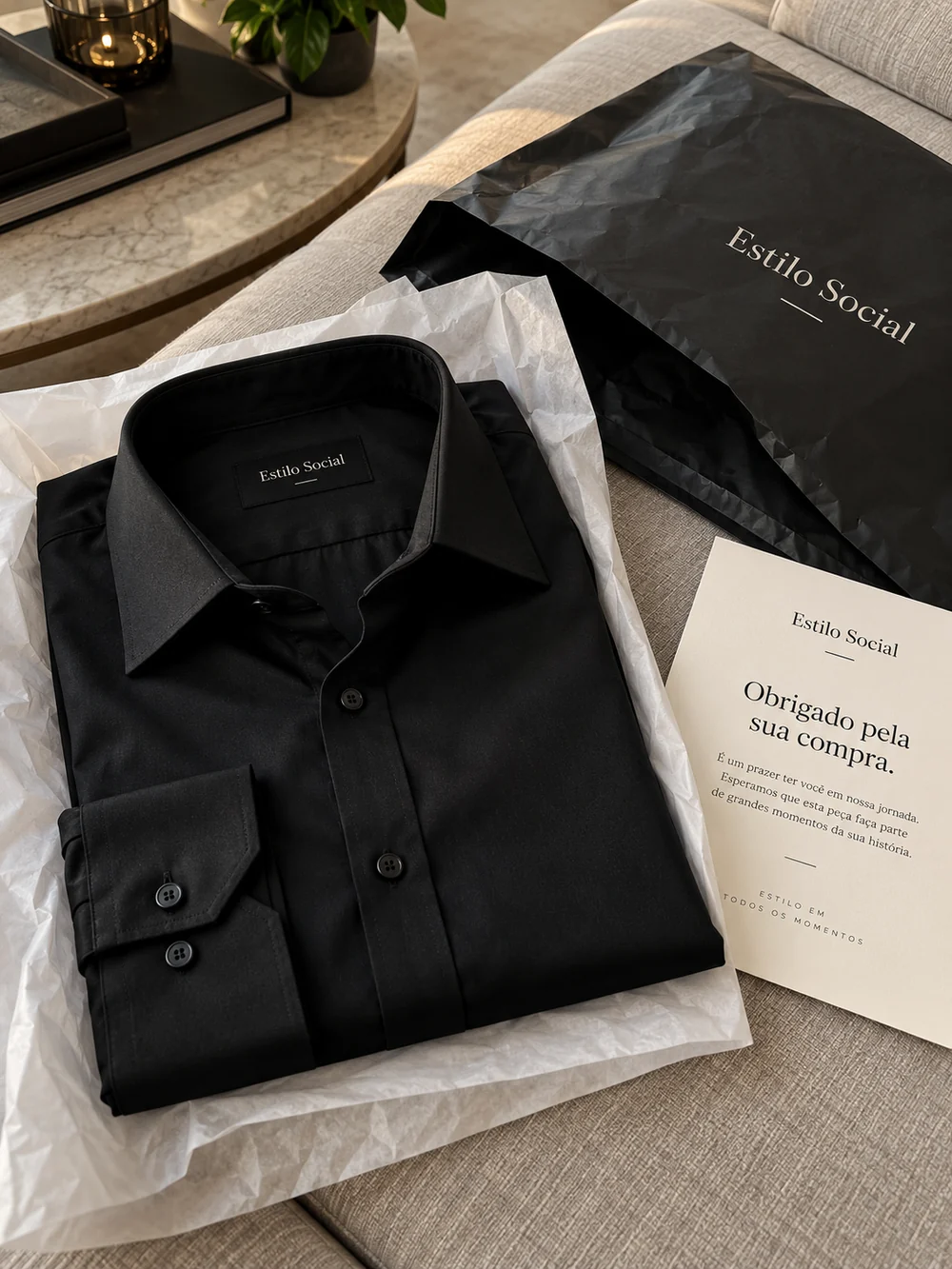 Apresentação da camisa preta com embalagem Estilo Social