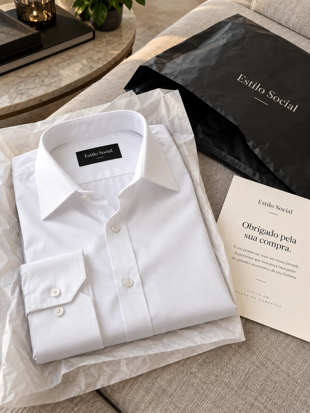 Apresentação da camisa branca com embalagem Estilo Social