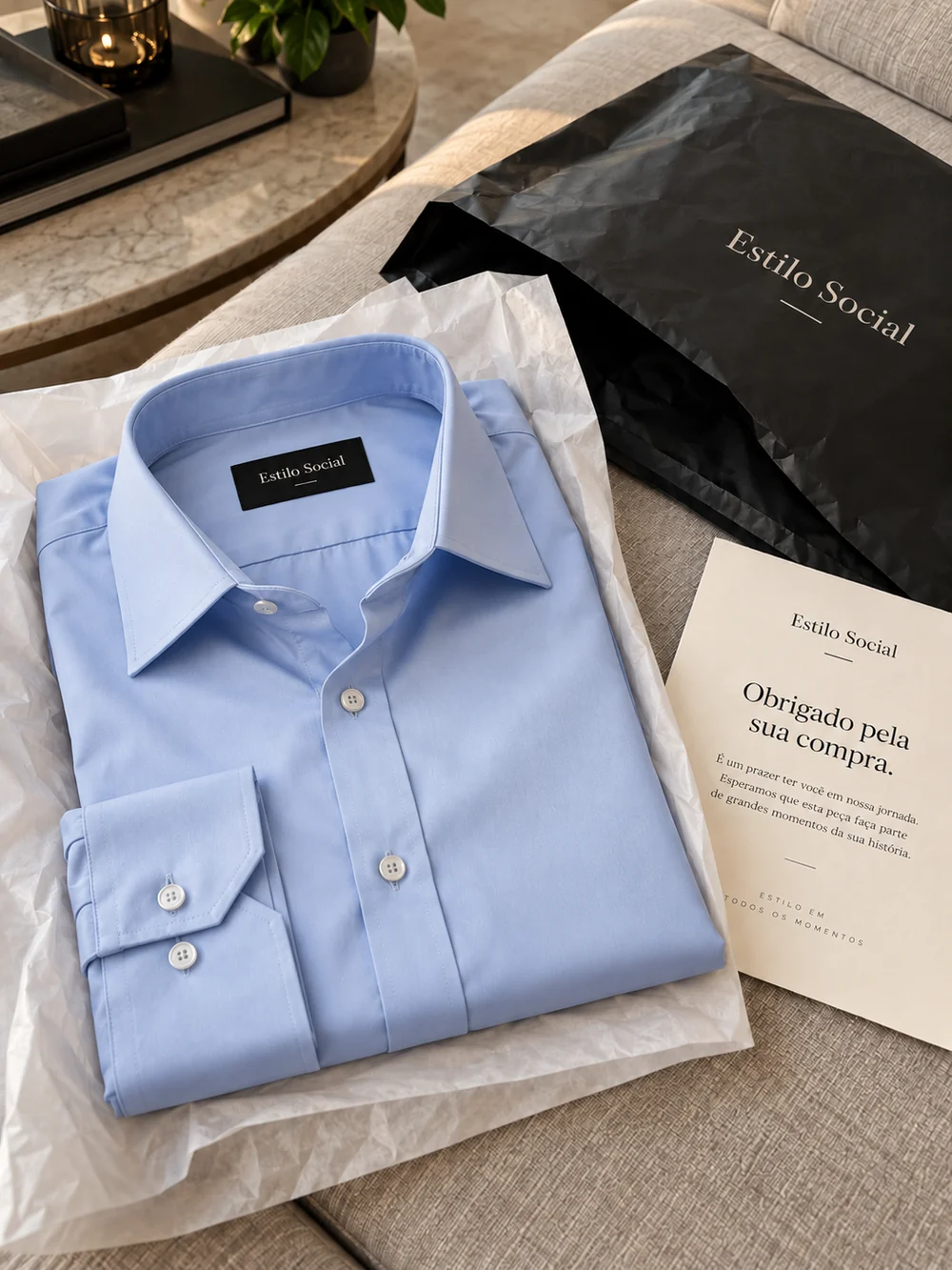 Apresentação da camisa azul claro com embalagem Estilo Social