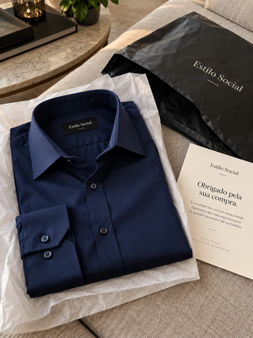 Apresentação da camisa azul marinho com embalagem Estilo Social